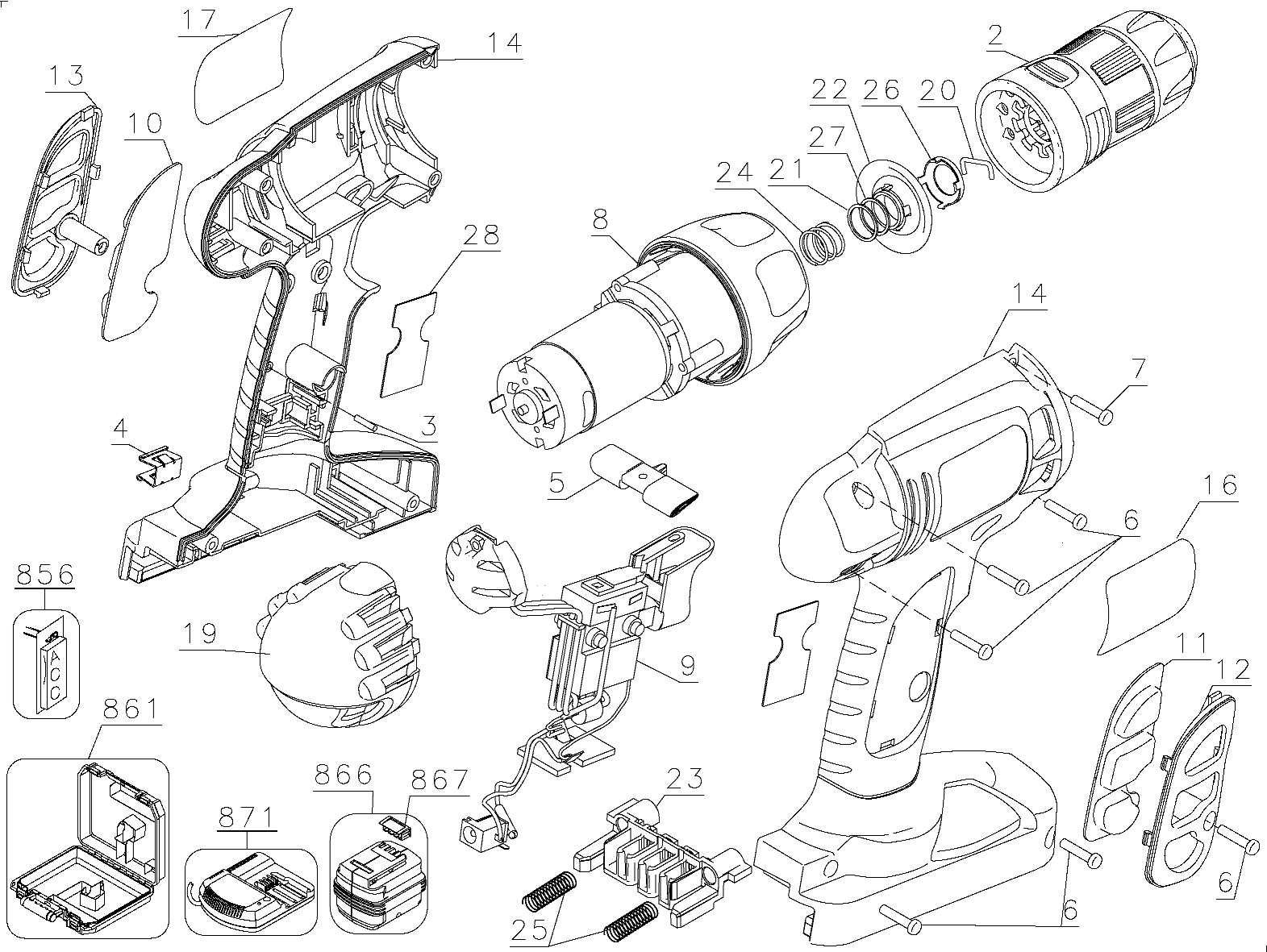 Default Diagram and Parts List for CD18GSRK Type 1 Black and Decker Boring Machine